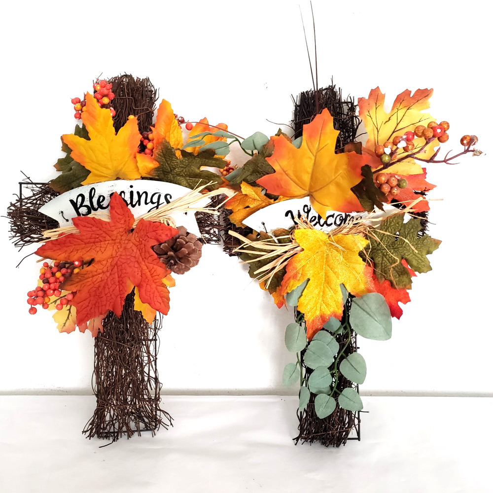 (2) Fall Autumn Harvest Thanksgiving Hanging Wall Decor Blessings Cross